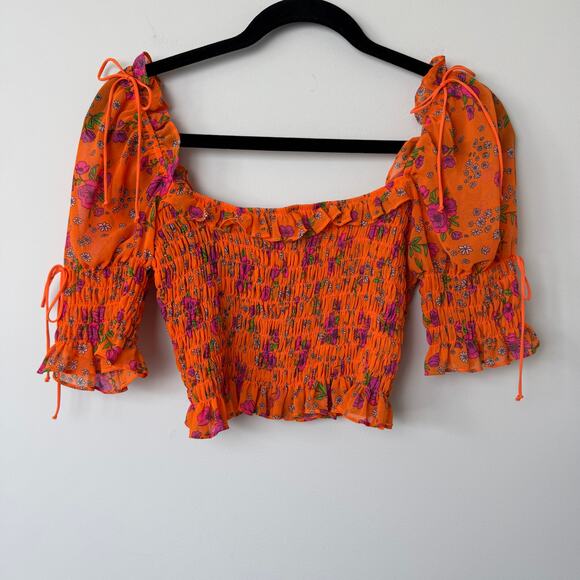 For Love & Lemons Peony Smocked Cropped Blouse Size Small - Picture 2 of 8